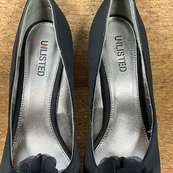 Unlisted Black Satin Peep Toe Heels Floral Platform Pumps Women’s Size 11 - Picture 7 of 12